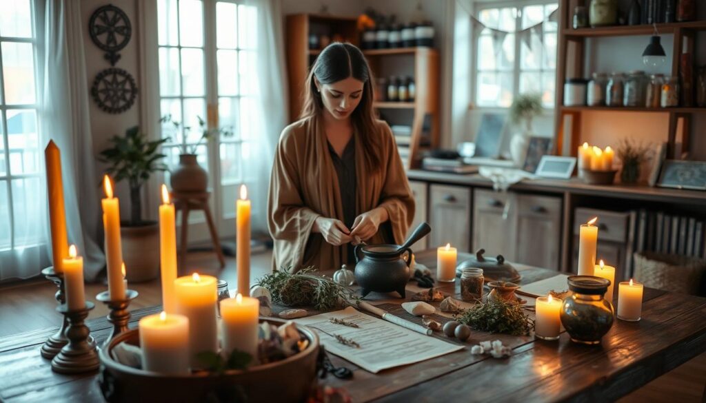 A tranquil, inviting space dedicated to intention-setting and spell preparation. In the foreground, a beautifully arranged altar featuring candles, crystals, herbs, and a small cauldron, all softly glowing in warm light. A Caucasian woman, modestly dressed in flowing, earthy tones, carefully arranges the tools with focused intent. In the middle, a wooden table laden with essential items for spell work, like parchment and a quill, surrounded by delicate plants. The background showcases a cozy room with shelves filled with jars and books on mystical practices, bathed in gentle, diffused light from a nearby window. The overall atmosphere evokes a sense of peace and determination, inviting viewers to connect with their own intentions.