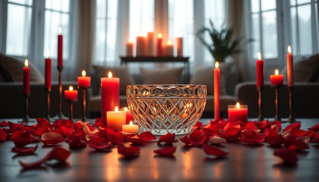 A tranquil love candle setup in an intimate space, featuring an array of elegantly arranged candles of various heights, softly glowing in shades of red and pink. In the foreground, delicate rose petals scatter across a dark wooden table, their rich colors contrasting with the warm candlelight. In the middle, a beautifully crafted crystal bowl filled with water reflects the flickering flames, creating a magical ambiance. In the background, a softly lit room adorned with sheer curtains filters in gentle natural light, enhancing the enchanting atmosphere. The scene is inviting and serene, evoking feelings of romance and harmony. Capture the image from a slightly elevated angle to showcase the intricate details and eliminate distractions, ensuring a calm and focused visual experience.