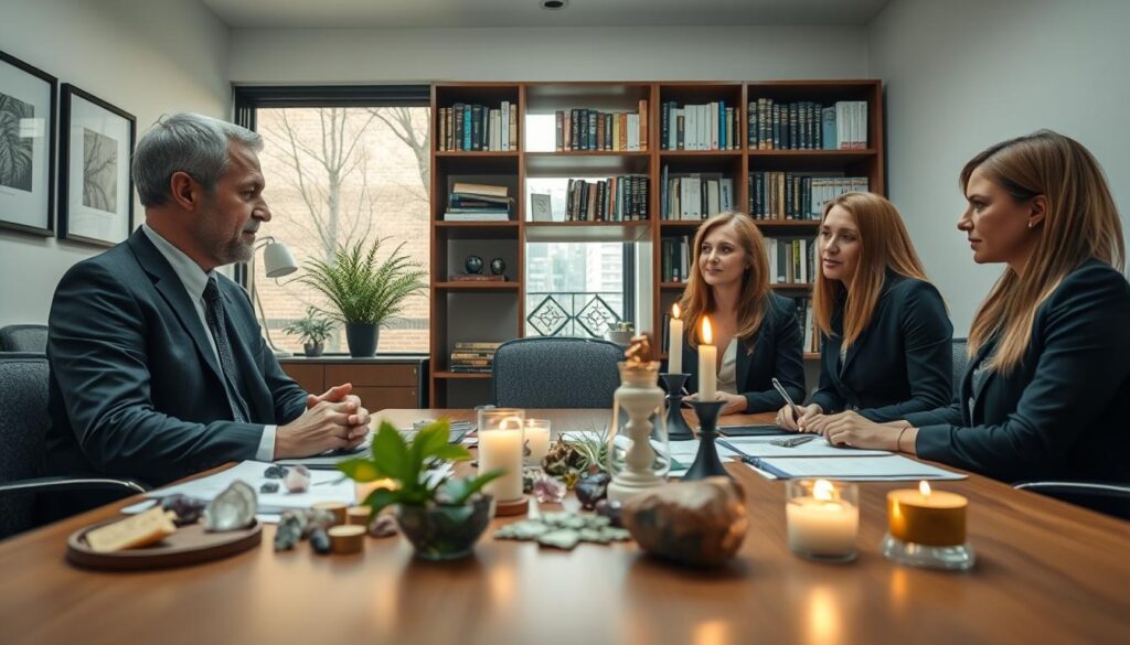 A tranquil office environment focused on the concept of ethical casting in magic. In the foreground, a diverse group of three professionals, two Caucasian individuals—one male and one female—dressed in smart business attire, engaged in a discussion around a table filled with symbolic items like crystals, herbs, and candles, representing safe and consensual practices. In the middle, soft natural lighting filters through a large window, casting warm glows on the tabletop. In the background, shelves lined with books on ethics and safety in magical practices provide a scholarly atmosphere. The mood is collaborative and respectful, conveying an air of trust and professionalism. The angle captures the group from a slightly elevated perspective, emphasizing the importance of consent and safety in enchanting relationships. A tranquil office environment focused on the concept of ethical casting in magic. In the foreground, a diverse group of three professionals, two Caucasian individuals—one male and one female—dressed in smart business attire, engaged in a discussion around a table filled with symbolic items like crystals, herbs, and candles, representing safe and consensual practices. In the middle, soft natural lighting filters through a large window, casting warm glows on the tabletop. In the background, shelves lined with books on ethics and safety in magical practices provide a scholarly atmosphere. The mood is collaborative and respectful, conveying an air of trust and professionalism. The angle captures the group from a slightly elevated perspective, emphasizing the importance of consent and safety in enchanting relationships.