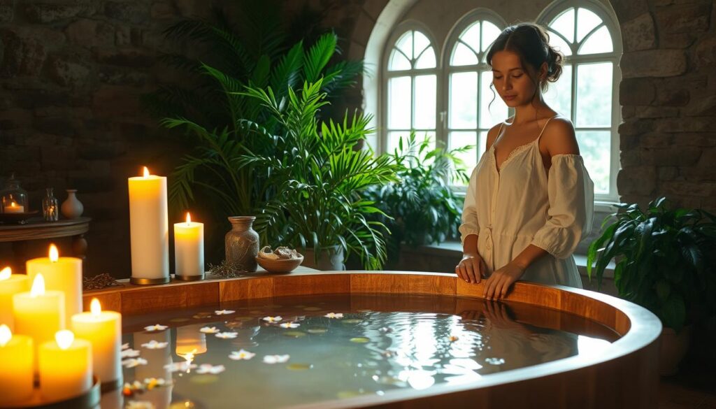 A tranquil ritual bath scene, featuring a serene Caucasian woman in modest casual clothing, gracefully preparing for a spiritual cleansing. In the foreground, the woman stands beside a beautifully adorned wooden tub filled with warm water, surrounded by soft, flickering candles casting gentle, golden light. Delicate flowers float on the water's surface, while a collection of herbs and crystals rests on a nearby table. In the middle ground, lush green plants provide a natural setting, enhancing the feeling of peace and connection to nature. The background reveals an inviting, softly lit room with stone walls and arched windows, allowing soft, diffused sunlight to fill the space. The overall mood is calm, focused, and introspective, perfect for the preparation of a love spell.