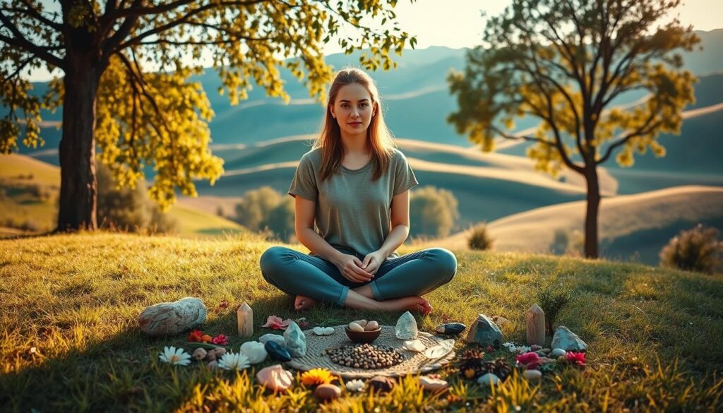 A tranquil scene depicting a serene setting for responsible love spell practice, featuring a beautiful Caucasian woman in modest casual clothing, sitting cross-legged on a grassy hill. In the foreground, she is surrounded by natural elements like flowers, herbs, and crystals arranged carefully around her, symbolizing intention and mindfulness. The middle ground includes soft, golden sunlight filtering through leafy trees, creating a warm, inviting glow. In the background, gentle rolling hills and a blue sky add to the peaceful atmosphere. The composition is framed from a slightly elevated angle to capture both the subject and the serene environment, evoking a sense of calm, reflection, and reverence for the practice of love spells. The overall mood is contemplative and harmonious.