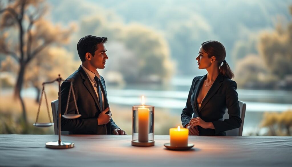 A tranquil scene depicting the concept of "Ethics, Intentions, Consent" in a serene, softly lit environment. In the foreground, two professional Caucasian figures, a man and a woman, engage in a thoughtful discussion, dressed in smart business attire. They hold symbolic objects—a scale representing balance and a heart symbolizing intentions. In the middle ground, a softly glowing candle flickers on a table, casting warm light that creates an intimate atmosphere. In the background, a dreamy, blurred landscape features gentle trees and flowing water, symbolizing natural harmony and thoughtful reflection. The lighting is warm and inviting, enhancing the mood of contemplation and connection, shot from a slightly elevated angle to capture both the interaction and the tranquil backdrop.