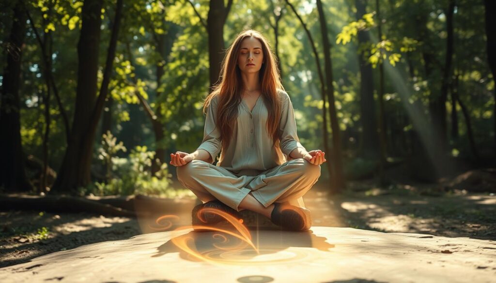 A tranquil scene depicting the concept of energy protection related to spell casting. In the foreground, a serene woman with long flowing hair, dressed in modest, elegant attire, sits cross-legged on a natural stone. She is surrounded by a shimmering, translucent energy field that glows softly, creating a protective barrier. In the middle ground, there are mystical symbols gently glowing on the ground, while soft, swirling wisps of light dance around her, hinting at the energy of the universe. The background features a lush forest with dappled sunlight filtering through the leaves, casting a warm, inviting atmosphere. The lighting is soft and ethereal, enhancing the mood of tranquility and safety. The angle captures the woman in a meditative posture, emphasizing a sense of focus and groundedness.
