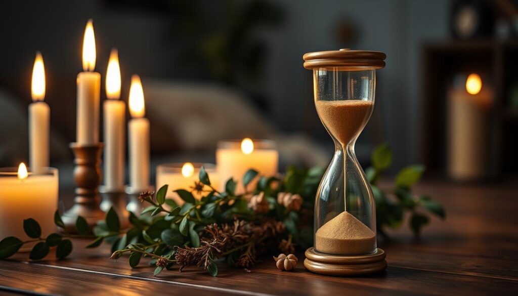 A tranquil scene featuring an arrangement of elegant candles on a wooden tabletop, their warm, flickering flames casting soft shadows. In the foreground, a delicate hourglass stands beside the candles, its golden sand slowly flowing, symbolizing the importance of timing. The middle of the composition includes lush greenery and dried herbs intertwined, representing natural elements associated with love spells. The background is softly blurred, suggesting a cozy, dimly lit room filled with mystical artifacts, enhancing the atmosphere of introspection and safety. Soft, ambient lighting bathes the scene in a serene glow, evoking a sense of calm and focus. The perspective is slightly elevated, capturing both the rich textures of the candles and the hourglass.
