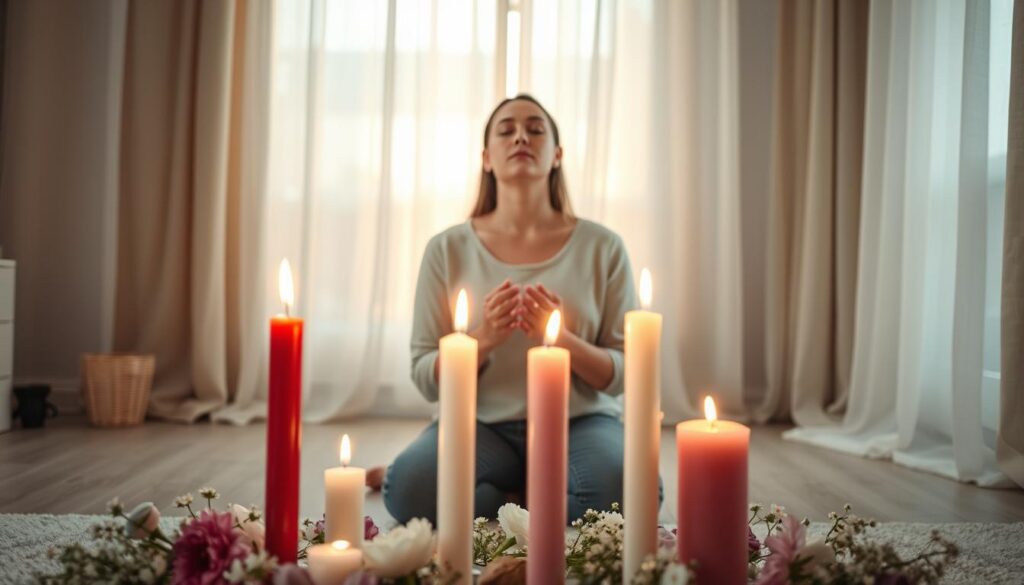 A tranquil scene of a reconciliation candle ritual set in a softly lit, intimate space. In the foreground, a beautifully arranged altar features three lit candles—one red, one white, and one pink—symbolizing love, peace, and harmony. Surrounding the candles are delicate flowers and crystals, enhancing the spiritual ambiance. In the middle ground, a serene Caucasian woman is kneeling in modest casual clothing, her eyes closed in focused meditation, as she holds her hands over the candles, radiating intention and hope. The background reveals a warm, inviting room filled with soft, diffused light filtering through sheer curtains, casting gentle shadows. The overall mood is peaceful and reflective, evoking a sense of healing and connection.