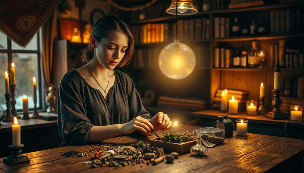 A tranquil scene set in a dimly lit, cozy room filled with mystical artifacts and candles flickering gently. In the foreground, a beautiful Caucasian woman wearing modest, flowing clothing is meticulously arranging herbs and gemstones on a wooden table, her expression focused and serene. In the middle ground, a softly glowing orb of light hovers above the table, symbolizing the energy of a love spell being released. In the background, shelves filled with ancient books and potions hint at a magical atmosphere. Warm, golden lighting illuminates the space, casting gentle shadows and creating an inviting, mystical ambiance. The mood is contemplative yet hopeful, emphasizing the journey of breaking away from an enchantment and seeking personal freedom.