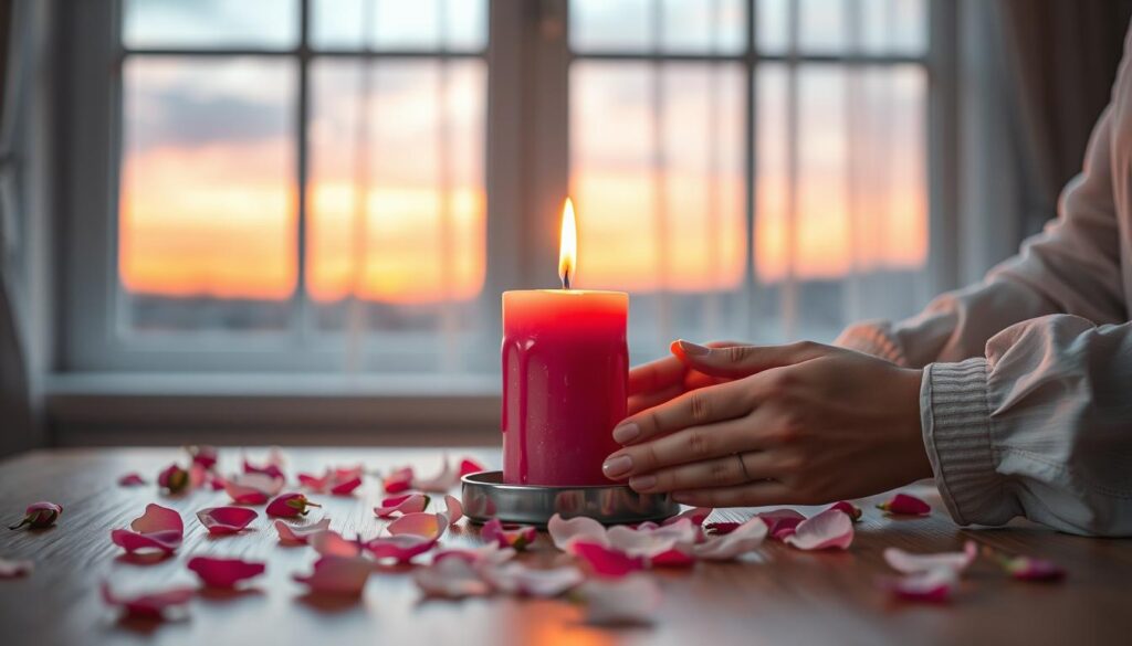 A tranquil, softly lit room featuring a central pink candle, burning gently on a wooden table. The candle’s wax drips elegantly down, creating a serene atmosphere. Surrounding the candle, delicate rose petals scatter across the table, adding a touch of romance. In the foreground, a pair of hands (beautiful Caucasian figures) thoughtfully arrange the petals, their long sleeves suggesting modest attire. In the background, a blurred window reveals the twilight sky, casting a warm glow into the room. Soft, ambient lighting enhances the mood, with a slight focus on the candle’s flame flickering, symbolizing love and enchantment. The overall ambiance is peaceful and inviting, perfect for a love spell ritual.