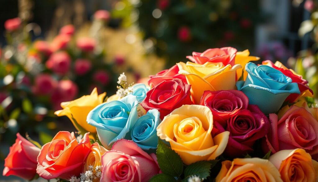 A vibrant arrangement of roses depicting various colors and their meanings, centered in the foreground. Each rose symbolizes different emotions, such as red for love, yellow for friendship, and blue for mystery. The arrangement is intricately detailed, showcasing the soft petals and rich textures. In the middle ground, delicate, leafy green foliage surrounds the roses, adding depth and contrast. In the background, a softly blurred garden scene with warm sunlight filtering through, creating an inviting and serene atmosphere. Use natural lighting to emphasize the colors, enhancing the image’s vibrancy. Capture it from a slightly elevated angle, focusing on the intricate details of the roses while maintaining a cohesive composition that invites viewers to explore the symbolism behind each hue. The overall mood is romantic and reflective, perfect for illustrating the significance of rose colors.
