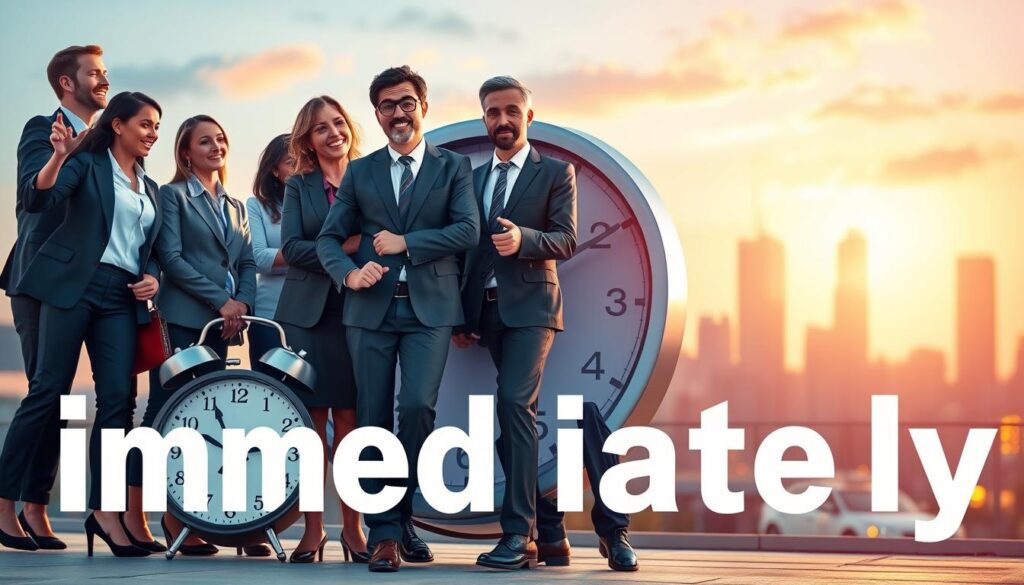 A vibrant, imaginative illustration depicting the concept of "immediately." In the foreground, a diverse group of professional individuals in smart business attire, eagerly collaborating around a large clock that symbolizes urgency. Their expressions are focused and determined, embodying the essence of instant action. In the middle ground, a transition of various international clocks striking the same hour, representing the concept of "immediately" across cultures. The background features a soft-focus city skyline at twilight, with warm, inviting lights. The image is illuminated with bright, natural lighting that evokes a sense of motivation and excitement. Shot from a slight low angle, the perspective emphasizes the dynamic nature of the scene, creating an atmosphere of urgency and collaboration.