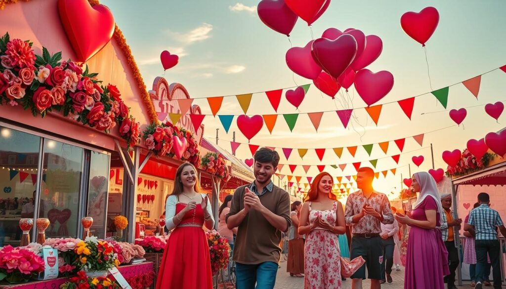 A vibrant scene depicting a joyous festival dedicated to love, featuring beautifully decorated booths adorned with heart motifs and flowers, capturing the essence of various cultural celebrations. In the foreground, a group of cheerful Caucasian couples dressed in colorful, modest attire engage in activities like dancing and creating love spells with crystals. The middle ground features colorful banners fluttering in the gentle breeze, while heart-shaped balloons float above. The background showcases a charming sunset, casting warm, golden light over the scene, enhancing the romantic atmosphere. The overall mood is festive and heartwarming, conveying connection and enchantment in the air, shot from a slight aerial angle to encompass the entire vibrancy of the event.
