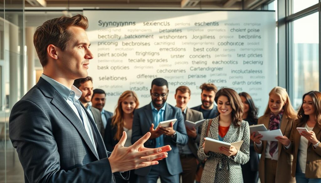 A vibrant, visually engaging composition featuring a group of diverse, professional individuals in a bright, modern office setting. In the foreground, a handsome Caucasian man in a tailored suit confidently gestures as he discusses synonyms with an engaged audience. The middle ground includes a stylish, diverse group of colleagues, actively taking notes and sharing ideas, showcasing expressions of enthusiasm and focus. In the background, a large whiteboard filled with related words and synonyms, illuminated by soft, natural light streaming through expansive windows. The atmosphere is collaborative and energetic, emphasized by warm tones and subtle reflections on glass surfaces, creating a dynamic learning environment. The scene captures the essence of immediate engagement and intellectual exchange without any text or overlays.
