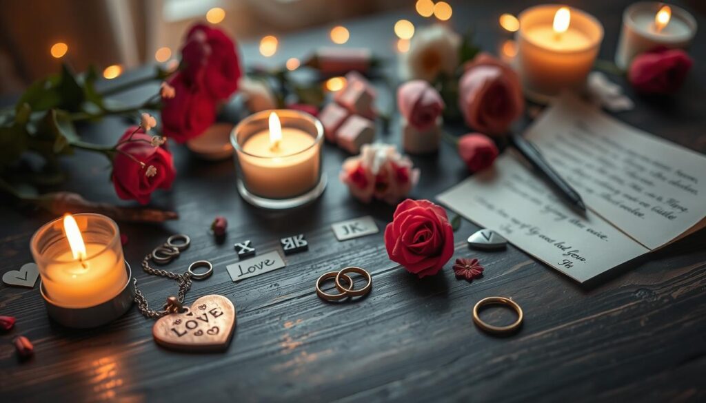 A visually captivating arrangement of symbols representing love, surrounded by personal items and names that signify individual connection. In the foreground, a heart-shaped pendant lies next to a lit candle, their warm flickering light casting soft shadows. Delicately inscribed runes and meaningful symbols, such as intertwined rings and roses, are scattered artistically among flowers and small keepsakes like a handwritten note. The middle ground features a serene, dark wood table that enhances the warmth, while in the background, softly blurred, a cozy ambiance is created with gentle ambient lighting, accentuating the mood of intimacy and magic. The overall atmosphere is enchanting and thoughtful, ideal for illustrating a love spell's essence and significance.