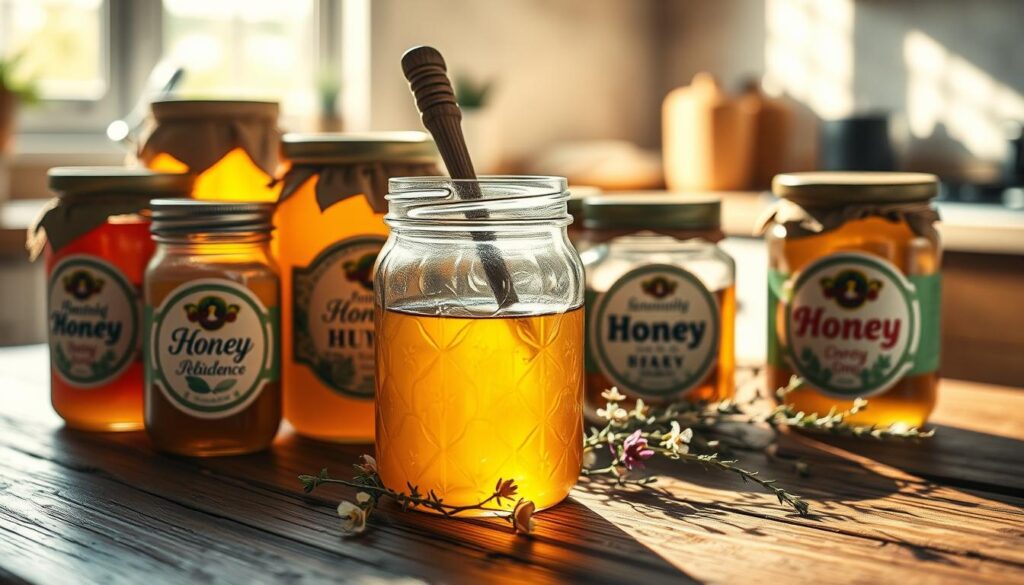 A visually captivating close-up of an assortment of honey jars, each uniquely designed, arranged artfully on a rustic wooden table. In the foreground, a crystal-clear jar filled with golden honey glistens under soft, warm natural light, capturing the viewer's attention. Beside it, smaller jars, some with colorful labels adorned with herbs and flowers, add charm and variety. In the middle, delicate flowers and sprigs of thyme surround the jars, enhancing the organic vibe of abundance. The background features a blurred view of a sunlit kitchen, with soft shadows playing across the surface, creating a cozy, inviting atmosphere. The overall mood should evoke warmth, sweetness, and a sense of natural beauty, ideal for manifesting positive energy.