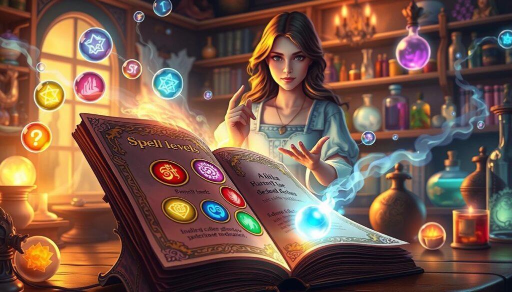 A visually captivating illustration emphasizing the concept of "spell levels and slots" in a magical setting. In the foreground, depict an ornate spellbook with glowing pages, showcasing vibrant symbols for different spell levels (1st to 9th). Surround the book with ethereal orbs representing spell slots, each orb radiating a distinct color to symbolize varying levels of power. In the middle ground, conjure a mystical scene of a beautiful Caucasian sorceress in modest casual clothing, with an expression of focus and concentration as she gestures towards the spellbook. The background should feature a softly lit magic-infused laboratory filled with potion bottles and arcane artifacts, creating a serene yet enchanting atmosphere. Use warm lighting and a slightly blurred effect to enhance the dreamlike quality of the scene.
