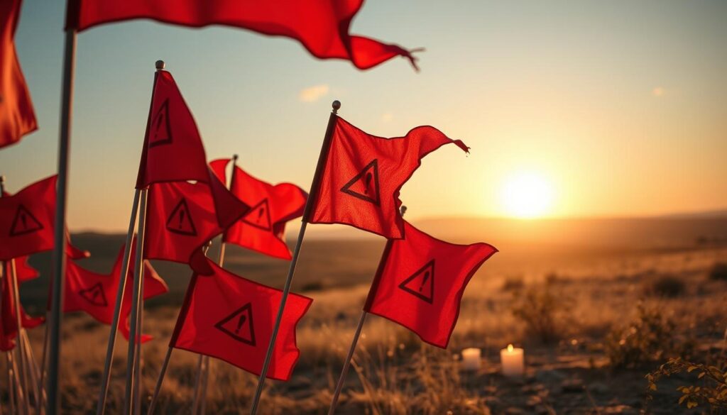 A visually captivating scene featuring multiple red flags symbolizing caution and warning in the context of love spells. In the foreground, various red flags are prominently displayed, each intricately designed with caution symbols and patterns, waving gently in a soft breeze. The middle ground showcases a serene, sunlit landscape with a few scattered love spell ingredients like candles and herbs, emphasizing the contrast between caution and intention. In the background, a subtle romantic sunset casts warm golden hues across the sky, adding depth and tranquility to the scene. The lighting is soft and inviting, perfect for creating a balanced mood that conveys safety and awareness without any tension. The overall atmosphere is serene yet alert, encouraging viewers to consider the importance of caution in love spells.