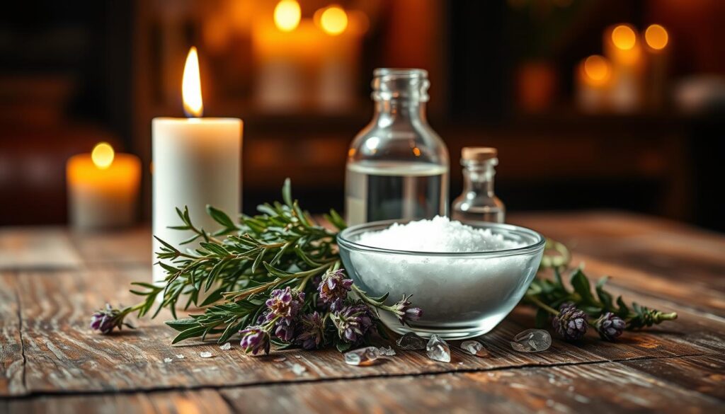 A visually enchanting setup illustrating ingredients for breaking a love spell, placed gracefully on a rustic wooden table. In the foreground, a collection of herbs—rosemary, sage, and lavender—arranged artfully around a small bowl of sea salt. A lit white candle glows softly next to a crystal vial filled with clear water, reflecting the light. In the middle ground, a few delicate, vintage crystal charms catch the light, hinting at their mystical purpose. The background features a blurred, darkened room setting with hints of warm candlelight, suggesting a cozy, focused atmosphere for personal energy work. The warm and serene lighting creates an inviting and tranquil mood, perfect for a spiritual practice. No people are present; the focus remains on the carefully curated materials.
