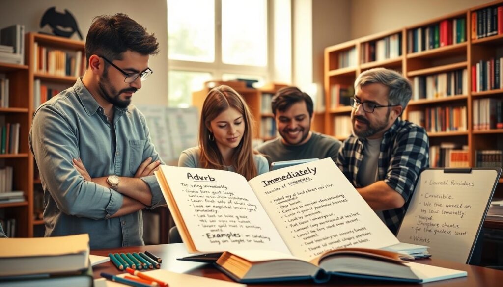 A visually engaging classroom setting filled with knowledgeable, focused individuals discussing examples of the adverb "immediately." In the foreground, a diverse group of three Caucasian students, a woman and two men, are attentively reading from a large, open book showcasing various sentences using "immediately." The middle ground features a whiteboard with handwritten example sentences, and a table cluttered with stationery and notebooks. In the background, a warm lit room with bookshelves lined with language guides and an inspiring atmosphere. Soft natural light filters through a nearby window, creating a bright and inviting ambiance, while the angle captures both the engaged expressions of the students and the educational environment around them. The overall mood is encouraging and studious, perfect for learning.