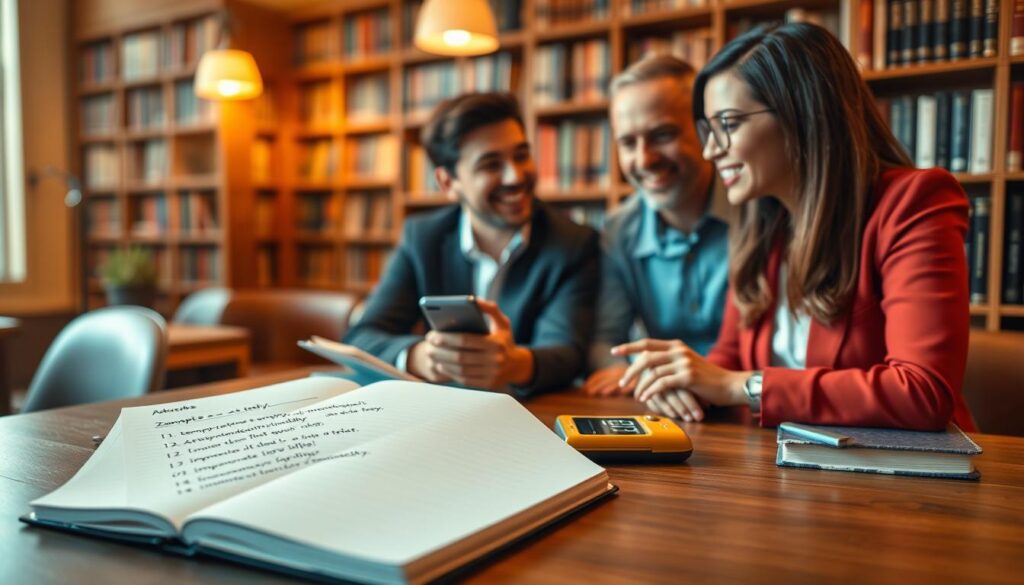 A visually engaging educational scene focused on the concept of adverbs, specifically the word "immediately." In the foreground, a beautifully styled desk with an open notebook featuring example sentences using "immediately," alongside a smartphone displaying a timer. In the middle, a diverse group of two Caucasian individuals, one male and one female, dressed in smart casual attire, discussing the sentences with enthusiasm. Their expressions convey understanding and excitement. In the background, a warm, softly illuminated library filled with neatly arranged books, enhancing a scholarly atmosphere. The overall mood is inspiring and inviting, promoting a sense of curiosity and learning, with warm, natural lighting that highlights the engaging interaction.