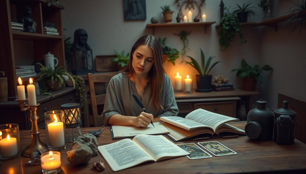 A visually engaging scene depicting a serene, cozy workspace focused on spell troubleshooting. In the foreground, a beautiful Caucasian woman in modest casual clothing sits at a wooden table, surrounded by open spell books, crystals, and herbs. She appears contemplative, jotting notes on a scroll with a quill. The middle ground features mystical elements like glowing candles and tarot cards, softly illuminated by warm candlelight. In the background, a wall is lined with shelves filled with mystical artifacts and plants, adding depth and intrigue. The atmosphere is calm and introspective, with soft, diffused lighting resembling late afternoon. The composition invites the viewer to explore the nuances of spellcasting and troubleshooting. A visually engaging scene depicting a serene, cozy workspace focused on spell troubleshooting. In the foreground, a beautiful Caucasian woman in modest casual clothing sits at a wooden table, surrounded by open spell books, crystals, and herbs. She appears contemplative, jotting notes on a scroll with a quill. The middle ground features mystical elements like glowing candles and tarot cards, softly illuminated by warm candlelight. In the background, a wall is lined with shelves filled with mystical artifacts and plants, adding depth and intrigue. The atmosphere is calm and introspective, with soft, diffused lighting resembling late afternoon. The composition invites the viewer to explore the nuances of spellcasting and troubleshooting.