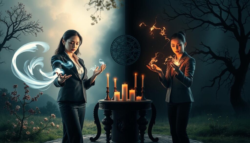 A visually striking representation of "white magic vs black magic." In the foreground, depict a beautiful Caucasian figure in professional attire, casting a glowing white spell with swirling light around their hands, symbolizing purity and intention. Opposite, another equally beautiful figure, also in professional clothing, conjures dark, shadowy tendrils, representing control and manipulation. In the middle ground, a mystical altar adorned with candles and magical symbols creates a sense of contrast between the two forces. The background features a split landscape: one side bathed in soft, warm light with blooming flowers representing white magic, while the other is shrouded in darkness, with twisted trees and shadows indicating black magic. Utilize soft, ethereal lighting on the white magic side, and dramatic, moody lighting with deep shadows on the black magic side, evoking an atmosphere of tension and intrigue.