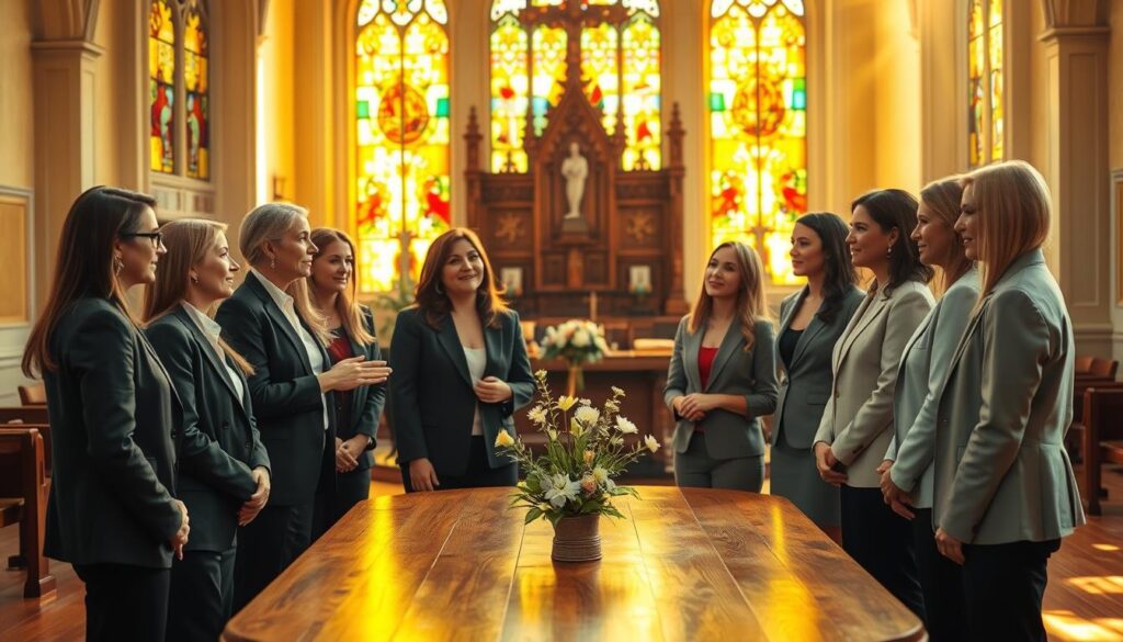 A warm and inviting church interior, bathed in soft golden sunlight streaming through stained glass windows, creating a colorful mosaic on the wooden floor. In the foreground, a diverse group of beautiful Caucasian figures in professional business attire gather in a circle, their expressions radiant with love and care. They are actively engaged in conversation, demonstrating oversight and empowerment—one person gestures inclusively while another listens intently. In the middle ground, a large wooden table is adorned with a simple bouquet of fresh flowers, symbolizing growth and community. The background features a traditional altar, exuding a sense of peace and spirituality. The scene captures a heartfelt atmosphere of inspiration and connection, highlighting the concepts of valuing and empowering each other in a leadership context.