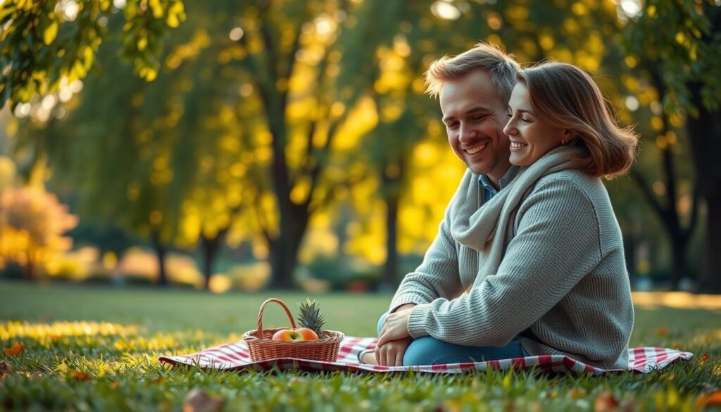 A warm and inviting scene depicting expressions of love in a cozy park setting. In the foreground, a couple, both Caucasian, share a gentle embrace, their smiles radiating affection. They are dressed in modest casual clothing, with the man in a light sweater and the woman in a soft scarf. In the middle, a small picnic blanket is laid out with a few picnic items like fruits and flowers, adding to the atmosphere of intimacy. The background features softly blurred green trees with hints of colorful flowers, creating a serene and vibrant environment. The lighting is golden-hour sunlight, casting a warm glow over the scene, enhancing the romantic feel. The angle captures the couple's connection while also showcasing the peaceful nature surrounding them, conveying love through actions and presence. A warm and inviting scene depicting expressions of love in a cozy park setting. In the foreground, a couple, both Caucasian, share a gentle embrace, their smiles radiating affection. They are dressed in modest casual clothing, with the man in a light sweater and the woman in a soft scarf. In the middle, a small picnic blanket is laid out with a few picnic items like fruits and flowers, adding to the atmosphere of intimacy. The background features softly blurred green trees with hints of colorful flowers, creating a serene and vibrant environment. The lighting is golden-hour sunlight, casting a warm glow over the scene, enhancing the romantic feel. The angle captures the couple's connection while also showcasing the peaceful nature surrounding them, conveying love through actions and presence.