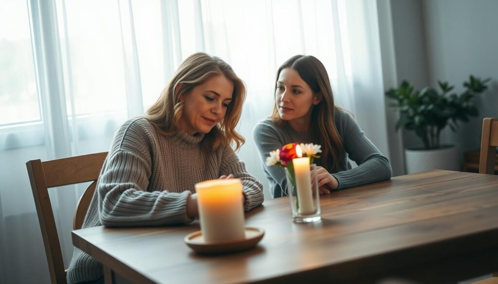 A warm and inviting scene depicting two beautiful Caucasian women sitting at a wooden table in a softly lit room. In the foreground, one woman, wearing a cozy sweater, leans in compassionately, offering guidance and support to her friend, who looks contemplative yet hopeful. The middle ground features a lit candle and a small bouquet of fresh flowers, symbolizing healing and new beginnings. In the background, gentle sunlight filters through sheer curtains, creating a serene atmosphere. The angle is slightly above eye level, capturing the intimate connection between the two figures, emphasizing empathy and understanding. The overall mood is calm and supportive, making it clear that this is a moment of friendship and encouragement in a transformative journey.