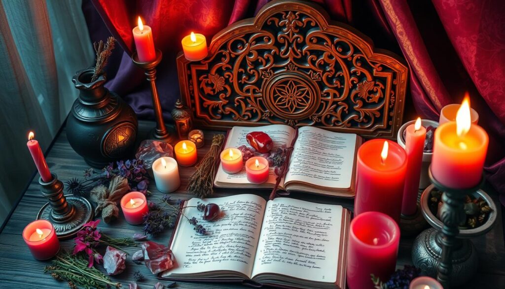 A warm, inviting altar scene filled with artistic tools for spellwork. In the foreground, a variety of colorful candles in shades of red and pink, arranged artistically, flicker gently with a soft glow. Beside them, an array of vibrant herbs and crystals representing love correspondences, such as rose quartz and lavender. In the middle, a beautifully carved wooden altar with intricate designs, displaying an open spellbook filled with handwritten notes. The background features softly blurred mystical elements like draped fabric in deep purples and gold, evoking a magical atmosphere. Soft, ambient lighting emulates the warm glow of candlelight, creating a cozy, spiritual mood perfect for love rituals, captured with a slightly overhead angle that invites viewers into the scene.