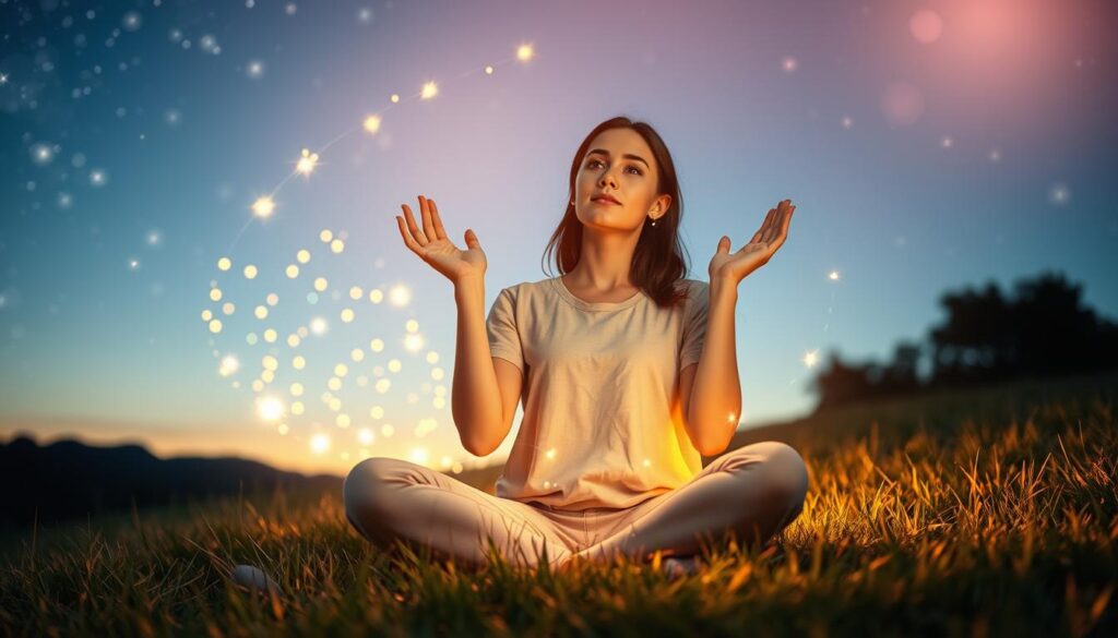 A whimsical and enchanting scene depicting a “no-ingredients attraction spell” for beginners. In the foreground, a beautiful Caucasian woman in modest casual clothing sits cross-legged on a soft, grassy meadow, her hands gracefully raised while she visualizes her intentions. In the middle ground, an array of twinkling lights in various colors gently swirl around her, symbolizing the energy of attraction. The background features a serene twilight sky filled with stars, casting a soft, shimmering glow over the scene. The image is bathed in warm, magical lighting that enhances the dreamlike atmosphere, inviting viewers to feel the essence of romantic possibilities. The angle is slightly elevated, capturing both the woman and the magical lights together, fostering a sense of wonder and hopefulness.