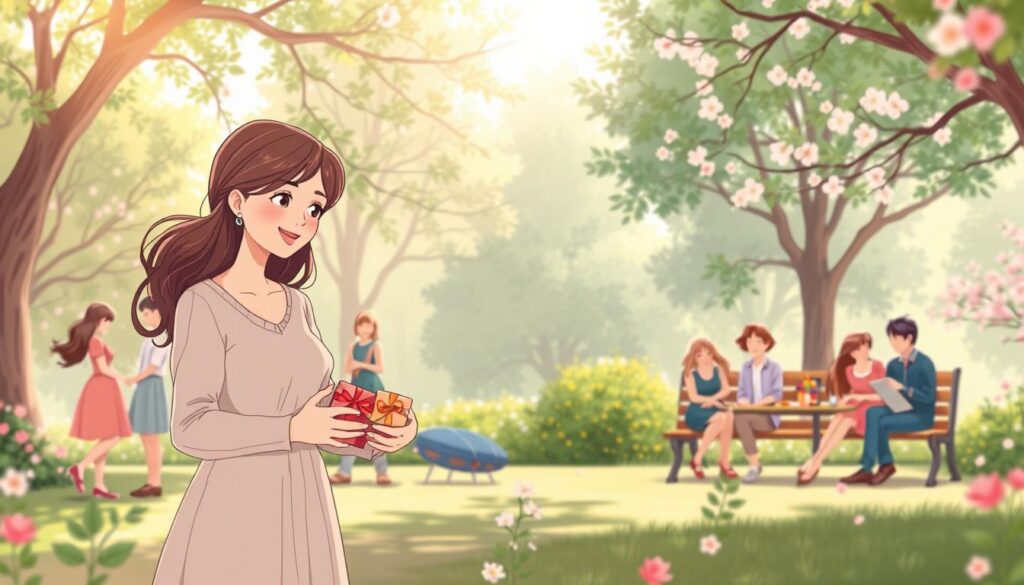 A whimsical illustration depicting "the many senses of love," featuring a serene park scene. In the foreground, two beautiful Caucasian figures in modest casual clothing share a heartfelt moment, smiling and exchanging thoughtful gifts that symbolize friendship and romance. In the middle, various couples engage in affectionate activities: a pair holding hands, another sharing a quiet conversation on a bench, and friends laughing and enjoying a picnic. The background showcases lush trees and blooming flowers, with soft sunlight filtering through the leaves, creating a warm and inviting atmosphere. The lens captures this enchanting scene with a slight depth of field, focusing on the intimate connections, while pastel colors enhance the mood of joy, warmth, and love. A whimsical illustration depicting "the many senses of love," featuring a serene park scene. In the foreground, two beautiful Caucasian figures in modest casual clothing share a heartfelt moment, smiling and exchanging thoughtful gifts that symbolize friendship and romance. In the middle, various couples engage in affectionate activities: a pair holding hands, another sharing a quiet conversation on a bench, and friends laughing and enjoying a picnic. The background showcases lush trees and blooming flowers, with soft sunlight filtering through the leaves, creating a warm and inviting atmosphere. The lens captures this enchanting scene with a slight depth of field, focusing on the intimate connections, while pastel colors enhance the mood of joy, warmth, and love.