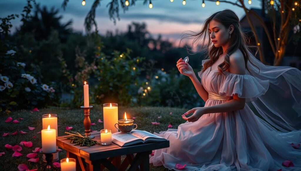 A whimsical scene depicting a serene outdoor setting at dusk, illuminated by soft, warm fairy lights. In the foreground, a beautiful Caucasian woman in a flowing, elegant gown softly formulates a love spell, surrounded by glowing candles and scattered rose petals. She is holding a delicate crystal pendant, while a gentle breeze whispers through her hair. In the middle ground, a small wooden table is adorned with herbs, a spell book, and a steaming cup of tea, exuding magic and tranquility. The background features lush greenery and blooming flowers, with twinkling stars beginning to appear in the deepening twilight sky. Overall, the atmosphere is enchanting and inviting, evoking a sense of wonder and romance.