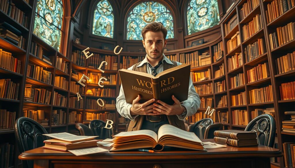 A whimsical scene featuring a Caucasian male time traveler, dressed in a stylish, modern outfit with a vintage twist, stands in a lush library filled with ancient books. In his hands, he holds an oversized tome titled "Word Histories," surrounded by floating letters and symbols that represent different languages and eras. The foreground shows an elegant mahogany desk strewn with parchment notes and ink quills. In the middle ground, shelves filled with glowing, magical texts illuminate the warm, inviting atmosphere. The background reveals intricate stained glass windows depicting historical events related to language evolution. Soft, golden lighting creates a dreamy yet scholarly mood, enhancing the sense of exploration and knowledge. The angle captures the traveler gazing thoughtfully at the pages, embodying curiosity and wisdom.