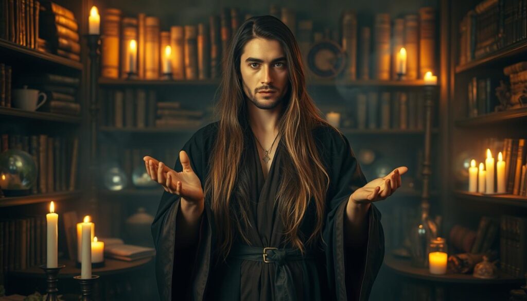 A wise spell caster stands at the center of a mystical, dimly lit room, adorned with ancient books and mystical artifacts. In the foreground, a Caucasian figure, dressed in elegant, flowing robes, gestures gracefully with their hands, casting an enchanting spell. Their long hair cascades down, illuminated by the soft glow of flickering candles that cast warm shadows across their face. Surrounding them, various enchanted objects like crystal balls and potion vials shimmer with a soft luminescence. In the background, shelves filled with dusty tomes and herbs add depth, emphasizing the magical atmosphere. The overall mood is one of mystery and wisdom, inviting the viewer to explore the secrets of love spells. The image is captured with a soft focus effect, mimicking a classic portrait lens, enhancing the enchanting aura of the scene. A wise spell caster stands at the center of a mystical, dimly lit room, adorned with ancient books and mystical artifacts. In the foreground, a Caucasian figure, dressed in elegant, flowing robes, gestures gracefully with their hands, casting an enchanting spell. Their long hair cascades down, illuminated by the soft glow of flickering candles that cast warm shadows across their face. Surrounding them, various enchanted objects like crystal balls and potion vials shimmer with a soft luminescence. In the background, shelves filled with dusty tomes and herbs add depth, emphasizing the magical atmosphere. The overall mood is one of mystery and wisdom, inviting the viewer to explore the secrets of love spells. The image is captured with a soft focus effect, mimicking a classic portrait lens, enhancing the enchanting aura of the scene.