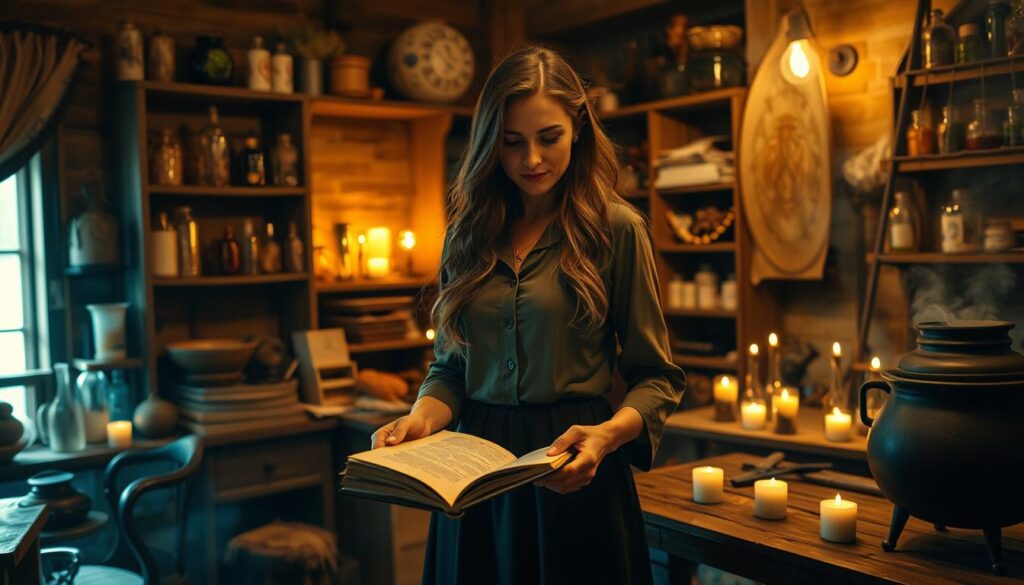 A wise spell caster stands in a dimly lit, cozy workshop filled with shelves of herbs, crystals, and spell ingredients. The foreground features an elegantly dressed Caucasian woman in simple yet professional attire, her long hair cascading over her shoulders as she focuses intently on an open spellbook. The middle ground showcases a wooden table scattered with candles and potion bottles glowing softly, creating an enchanting ambiance. In the background, a cauldron simmers, with mysterious vapors rising, enhancing the magical atmosphere. The lighting is warm and inviting, casting soft shadows that dance across the room. The overall mood is mystical and serene, making it clear that this space is dedicated to the profound art of spell casting.