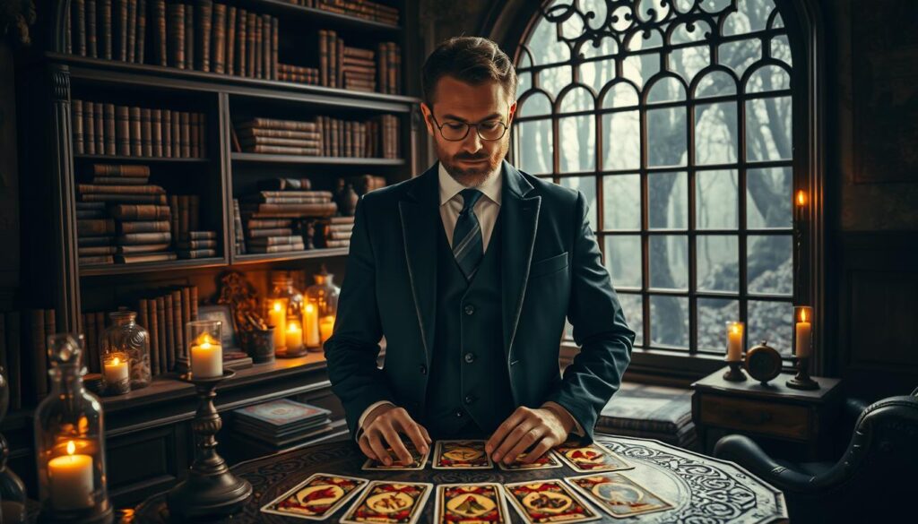 A wise spellcaster, Maxim, stands confidently in a mystical setting, surrounded by an array of vintage magical artifacts. In the foreground, he is depicted in professional business attire, with a thoughtful expression, examining glowing tarot cards laid out on an ornate table. In the middle ground, shelves lined with ancient tomes and jars of spell ingredients create a sense of depth, with flickering candles casting warm light. The background reveals a dark, enchanted forest through a large window, adding an aura of mystery. Dramatic lighting accentuates the atmosphere, highlighting Maxim's focused gaze and the magical ambiance. The overall mood is one of intrigue and expertise, inviting viewers into the world of spellcasting and enchantment.