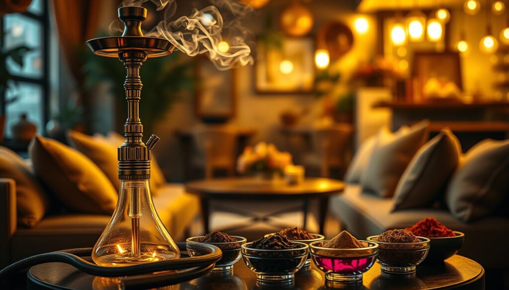 An elegant composition showcasing Al Fakher Magic Love hookah tobacco. In the foreground, a beautifully crafted hookah is prominently displayed, with gentle smoke swirling above it, infused with warm, glowing light. Around the hookah, vibrant bowls of various flavored tobacco sit, showcasing their rich textures and colors. In the middle ground, a cozy, inviting lounge environment features soft cushions and a low table, enhancing the relaxed atmosphere. The background features softly blurred elements of an exotic café, with warm lighting that creates an intimate ambiance. The mood is enchanting and romantic, highlighting the allure of shared moments over a hookah. The lighting should be golden and soft, providing a dreamy quality to the scene, and the angle should be slightly elevated to capture both the sleek hookah and the inviting setting.