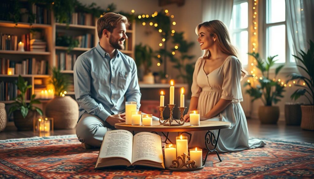 Create an enchanting scene focused on the concept of love affirmations. In the foreground, a beautiful Caucasian couple stands facing each other, both smiling warmly, surrounded by a soft, glowing light. They are seated cross-legged on a vibrant, patterned rug. The man wears a light blue button-down shirt and the woman is in a flowing pastel dress, embodying warmth and connection. In the middle ground, a small table holds an open journal filled with handwritten affirmations surrounded by lit candles, radiating a soft, golden glow. The background features a cozy room with bookshelves, greenery, and gentle fairy lights twinkling, creating an inviting and intimate atmosphere. The lighting is warm and soft, casting gentle shadows and enhancing the magical feel, as if inviting positivity and love into the space. Aim for a serene and uplifting mood, embodying hope and the power of love.