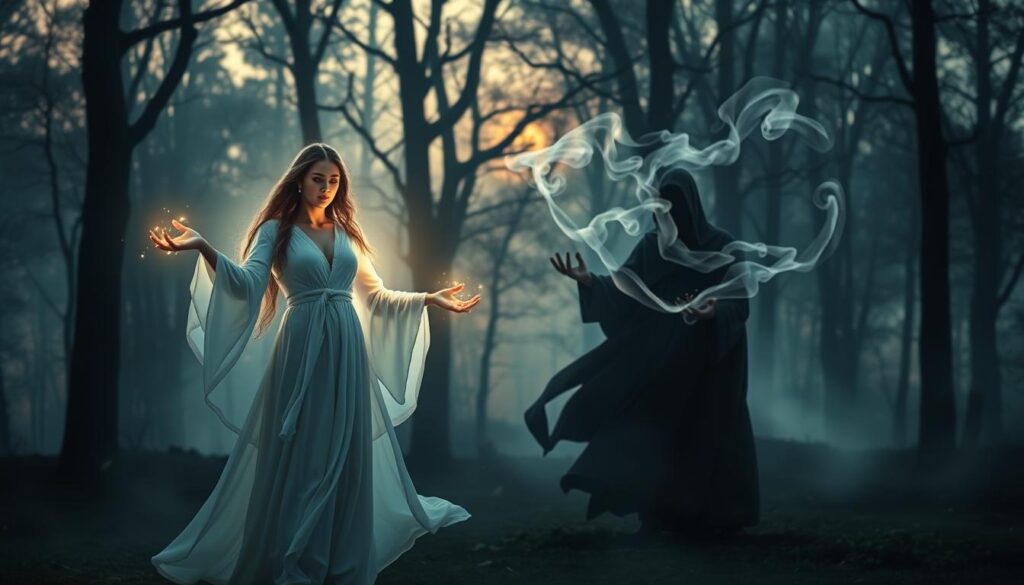 Enchanting scene depicting the contrast between white magic and black magic. In the foreground, a serene, radiant female figure representing white magic, dressed in flowing white robes, is surrounded by ethereal light, casting protective spells with gestures of love and positivity. In contrast, the middle ground features a shadowy male figure symbolizing black magic, clad in dark robes, with swirling mist and faint, ominous energy swirling around him. The background shows a mystical forest at twilight, illuminated by a soft, magical glow, enhancing the atmosphere of enchantment and mystery. The lighting is soft and diffused, with a gentle focus on the characters, creating a mood of tension between light and darkness, while maintaining an overall feeling of harmony.
