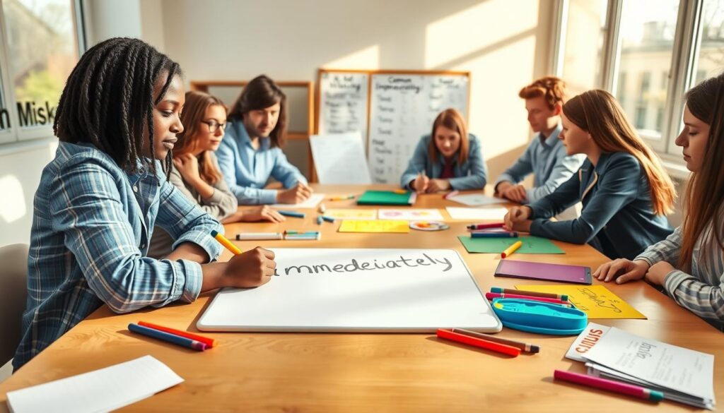 In a bright and engaging classroom setting, a diverse group of focused students is gathered around a large wooden table strewn with colorful writing materials, spelling games, and highlighted common misspellings. The foreground showcases a close-up of a student writing the word "immediately" on a whiteboard with vibrant markers, while another student points towards a chart illustrating common spelling mistakes in the background. Soft, natural sunlight filters through large windows, casting warm shadows that create a welcoming atmosphere. The scene captures the sense of collaboration and learning, emphasizing the importance of spelling skills in an interactive and visually appealing way. The image should reflect professionalism, with students dressed in smart casual attire, focusing intently on their task.