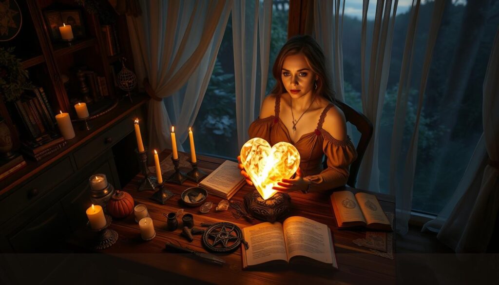 In a cozy, softly lit room adorned with mystical décor, a beautiful Caucasian woman dressed in a flowing, elegant gown is sitting at a rustic wooden table cluttered with candles, crystals, and spell books. Her expression is contemplative as she focuses on a glowing, heart-shaped crystal placed at the center of the table, radiating warm light that illuminates her face and surroundings. In the background, sheer curtains billow gently, revealing hints of a lush garden under a twilight sky, contributing to an ethereal atmosphere. The scene is captured at a slight overhead angle, accentuating the magical elements and creating an inviting aura of remote love magic. The overall mood is serene and enchanting, perfect for evoking the essence of love spells.