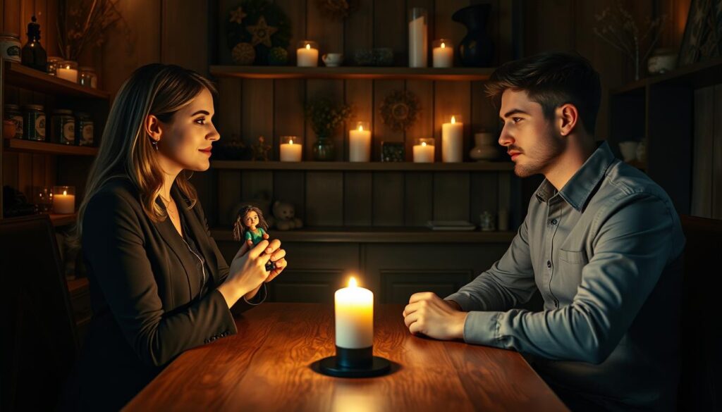 In a cozy, softly lit room, two people sit across from each other at a wooden table, surrounded by mystical elements related to voodoo love spells. One person, a Caucasian woman dressed in modest, professional attire, holds a small, intricately carved voodoo doll, while the other, a Caucasian man in a smart casual outfit, appears contemplative, gazing at a burning candle that casts a warm glow. In the background, shelves lined with herbs, candles, and symbols of privacy and protection create an intimate atmosphere. The soft shadows and warm lighting enhance the sense of mystery and serenity, reflecting norms of privacy and safety around voodoo practices. The angle captures the connection between them, evocative of trust and respect within this intriguing context.