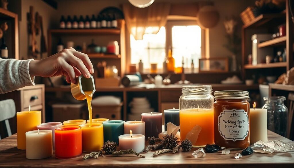 In a cozy, warmly lit workshop, a table is set with an array of colorful wax candles in various shapes and sizes. In the foreground, a pair of hands is carefully pouring melted wax into a mold, showcasing attentive craftsmanship. Next to the candles, a beautifully labeled jar of honey sits alongside natural elements like dried herbs and crystals, symbolizing the spell's intention. The middle ground features shelves lined with essential oils and tools for candle making, while a window in the background allows soft, golden light to filter in, enhancing the inviting atmosphere. The mood is serene and focused, encouraging a sense of mindfulness and safe practice in candle making. The image blends warmth with a sense of purpose, illustrating tips for ethical and effective candle crafting.
