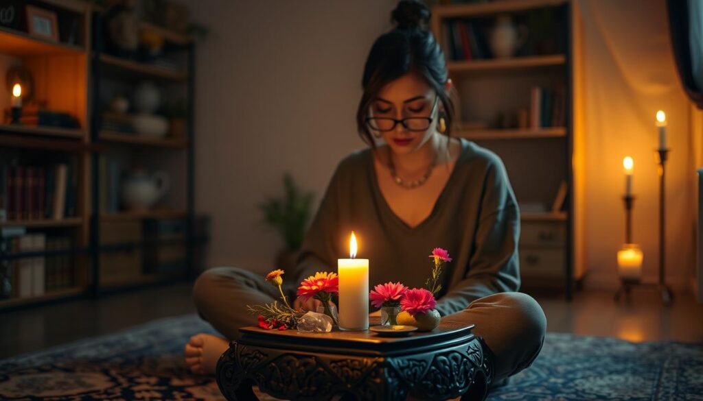In a dimly lit, cozy room, a beautiful Caucasian woman in modest casual clothing sits cross-legged on a soft, colorful rug. She is focused intently on a small, ornate wooden table in front of her, where a delicate love spell candle burns softly, its warm, flickering glow casting gentle shadows. Surrounding the candle are vibrant flowers, crystals, and a small bowl of herbs, adding to the atmosphere of magic and intention. The background features soft, blurred shelves filled with mystical books and enchanted decor, enhancing the serene and mystical vibe. The scene is illuminated by warm, candlelight, creating a calm and inviting mood, perfect for a love spell ritual. The angle captures the intimacy of the moment, highlighting the delicate details and the deep focus on her ritual.