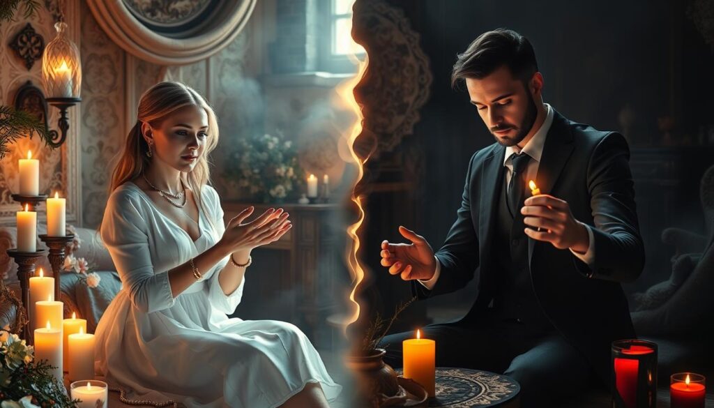 In a mystical setting, depict a split scene illustrating the contrast between white and black magic love spells. On the left, a serene and light-filled space featuring a beautiful Caucasian woman dressed in elegant, modest attire, casting a white magic love spell. Surround her with soft, glowing candles, delicate flowers, and shimmering crystals, creating a warm, inviting atmosphere. The colors should be pastel and soft. On the right, a darker, more intense scene with a handsome Caucasian man in professional attire, skillfully performing a black magic love spell. This area should be dominated by deep shadows, rich reds, and blacks, with mysterious symbols and powerful herbs. The lighting should enhance the dichotomy, with ethereal light on the left and dramatic shadows on the right, creating a captivating and alluring contrast.