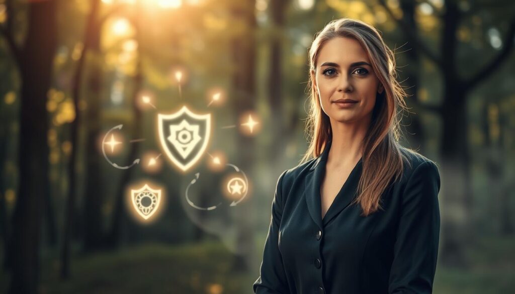 In a serene, atmospheric setting, depict a beautiful Caucasian woman dressed in modest, professional attire, standing confidently in the foreground. She is surrounded by an ethereal glow representing 'ethical magic protection,' with soft, shimmering energy swirling around her. The middle ground features glowing symbols of protection—like a luminous shield and entwined vines—symbolizing balance and respect in magic. In the background, a tranquil forest with soft dappled sunlight filtering through the trees establishes a peaceful ambiance. The lighting should be soft and inviting, creating an uplifting mood, with a slightly blurred depth of field to focus on the woman and her protective magic. The overall atmosphere should convey a sense of safety, integrity, and the importance of ethical magic practices.