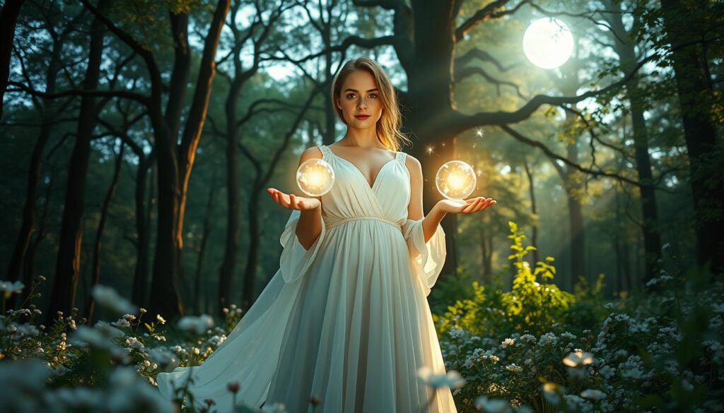 In a serene forest glade illuminated by ethereal moonlight, a beautiful Caucasian woman dressed in a flowing white gown stands gracefully at the center. She is holding out her hands, with glowing orbs of light swirling around her fingertips, symbolizing the principles of white magic. Surrounding her are delicate flowers and soft, shimmering crystals reflecting the gentle glow. In the background, ancient trees rise majestically, their leaves softly rustling in a gentle breeze. The atmosphere is enchanting yet tranquil, evoking a sense of harmony and positivity. The composition is captured from a low angle, emphasizing the woman's serene expression and the magical orbs, with soft, diffused lighting creating an otherworldly ambiance.