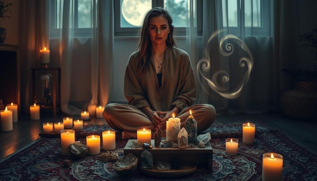 In a serene, softly lit room, a beautiful Caucasian woman sits cross-legged on a plush, colorful rug, surrounded by candles flickering in warm hues. She is dressed in modest, flowing garments in earth tones, her expression focused and serene as she prepares to cast a love spell. In the foreground, various crystals and herbs are artfully arranged on a small wooden table, glinting in the candlelight. The middle ground is filled with ethereal, swirling energy patterns that represent the powerful vibrations of love and intention, glowing gently. In the background, a window with sheer curtains allows a subtle moonlight to filter through, enhancing the magical atmosphere. The composition is shot from a slightly elevated angle, capturing both the details of the preparation and the enchanting ambiance of the scene, evoking a sense of peace and focus.