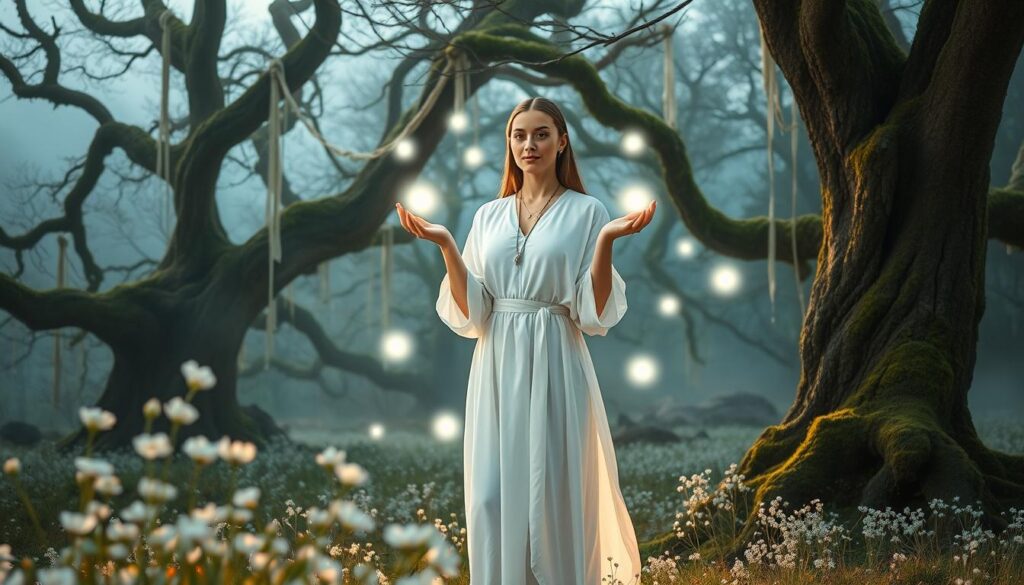 In a serene woodland glade bathed in soft, ethereal light, a beautiful Caucasian woman in modest, flowing white attire stands at the center, her hands raised in a gentle gesture of magic. Surrounding her are luminous orbs of white light, symbolizing purity and intention. In the foreground, delicate white flowers and shimmering crystals enhance the enchanting atmosphere. The middle ground features ancient, gnarled trees draped with soft, glowing moss, while behind them, a misty backdrop fades into a tranquil blue sky. The mood is calm and introspective, encouraging feelings of safety and ethical mindfulness. The lighting is soft and diffused, with a gentle focus on the magical orbs that seem to respond to her intentions. Capture this scene with a slightly elevated angle to emphasize the enchantment within this peaceful moment.