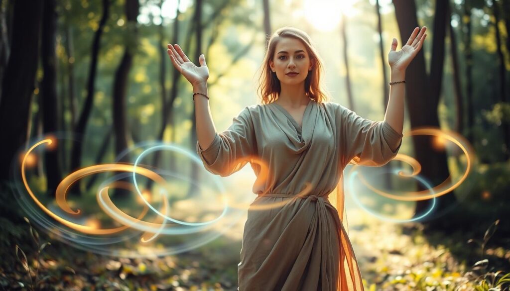 In a serene woodland setting, capture the concept of "protection energy." In the foreground, feature a beautiful Caucasian woman in modest, flowing attire, standing confidently with her arms raised, surrounded by a soft, radiant glow. Her expression is one of focus and determination. In the middle ground, incorporate ethereal swirling energy waves in shades of blue and gold, symbolizing protective forces enveloping her. The background should show a lush forest with gentle sunlight filtering through trees, casting dappled light on the scene, creating a tranquil atmosphere. Use soft focus for the background and a slight vignette to guide attention to the central figure. The overall mood should evoke empowerment, serenity, and spiritual protection, with warm lighting highlighting the woman's presence.