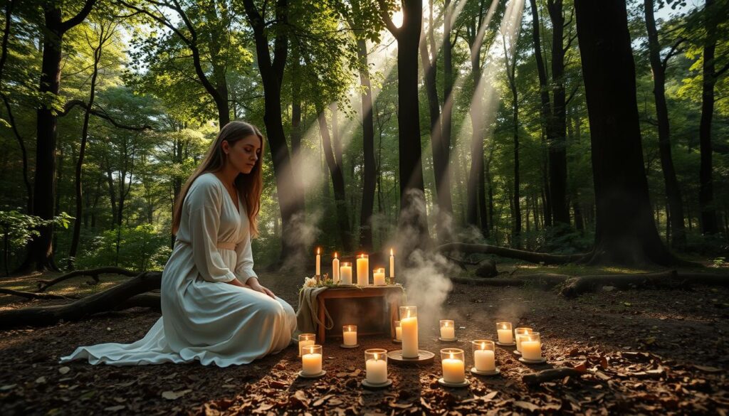 In a serene woodland setting, visualize a three-day unbinding ritual for deep cleansing and release. In the foreground, a beautiful Caucasian woman dressed in flowing, modest, white attire kneels beside a small, intricately designed altar adorned with natural elements like crystals, herbs, and candles. In the middle ground, a flickering circle of candles illuminates the space, casting a warm, soft glow on the participants. Surrounding the altar, ethereal mist rises gently, enhancing the atmosphere of mysticism. In the background, tall trees with lush green leaves create a natural canopy, filtering gentle sunlight that beams through. Capture this tranquil scene with a slightly elevated angle, showcasing the peaceful ambiance and reverent focus of the ritual, evoking feelings of hope, renewal, and spiritual purification.